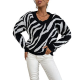Women Knitted Sweater Autumn Pullover V-neck Black Zebra Print Sweater