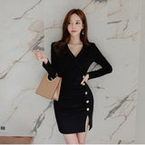 Women Dresses V-neck Pleated Cross Long Sleeves Dress Button Split Skirt