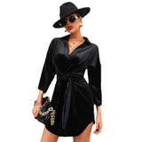 Women Dress Lapel Long Sleeve Narrow Velvet Dress