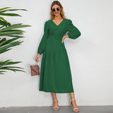 Women Date Dress Autumn and Winter V-neck Bubble Long Sleeve Dress