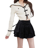 Women Knitted Pullover Bow Long-Sleeved Sweater Spring and Autumn Women's Short Top
