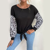 Women Knitted Sweater Crew Neck Long Sleeve Stitching Leopard Print Black Sweater