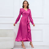 Women Date Dress Autumn and Winter V-neck Bubble Long Sleeve Dress