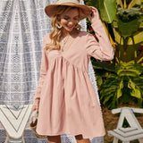 Women Dress Spring/Summer Loose Casual Lace V-neck Long-Sleeve Dress