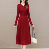 Women Knitwear Spring and Autumn V-neck Mid-Length Sweater Knitted Dress