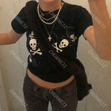 Women T-shirt Retro Black Top T-shirt with Short Sleeves Summer