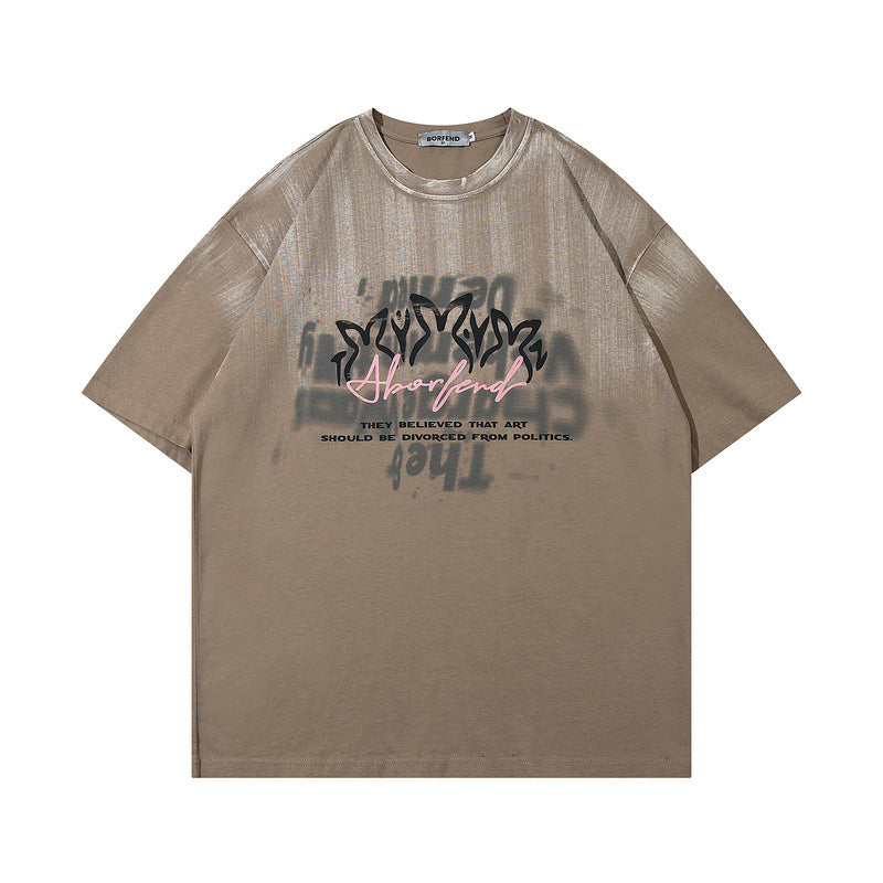 Men T Shirt Retro Dark Distressed Letters Short Sleeve T-shirt