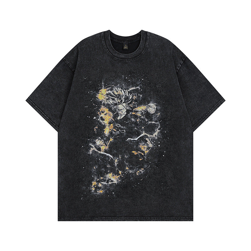 Men T Shirt Cartoon Washed Distressed Short Sleeve T-shirt