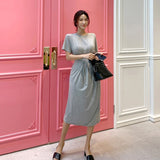 Women Dresses Short Sleeve Dress Crew Neck Casual Midi Dress