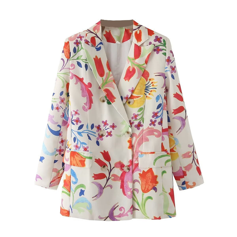 Women Suits Autumn Leisure Loose Mid-Length Printed Suit Coat