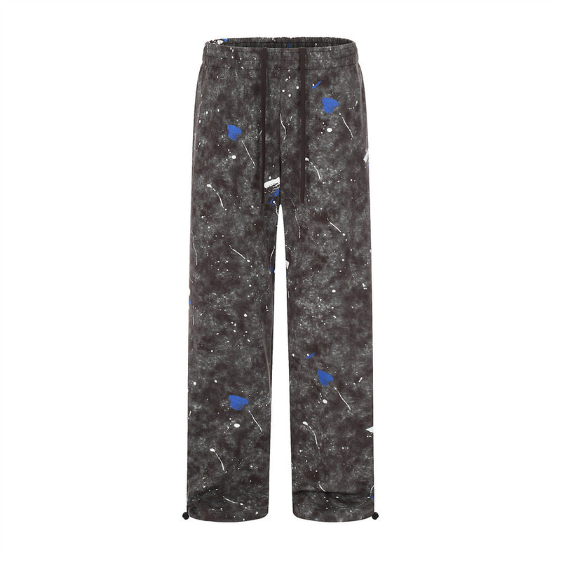 Men Sweatpants Distressed Splash-Ink Casual Pants Loose Cargo Drawstring Straight-Leg Pants Trousers