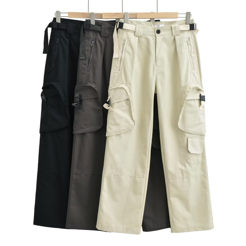 Women Sweatpants Vintage Multi-Pocket Distressed Overalls Loose Straight Trousers