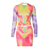 Women Dresses Fall round Neck Long Sleeve Top Slim Fit Short Skirt Suit