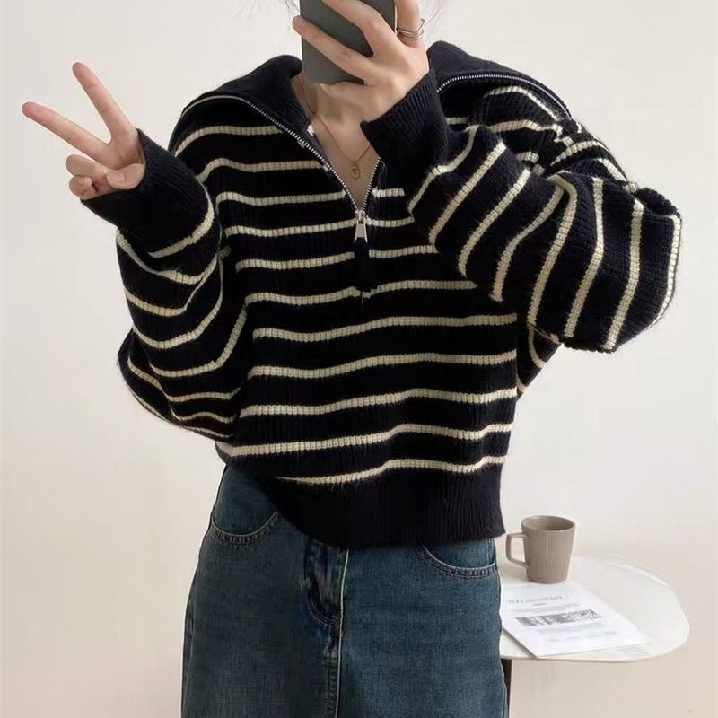 Women Knitwear Autumn Winter Retro Polo Collar Stripes Zipper Sweater Loose Sweater