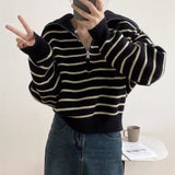 Women Knitwear Autumn Winter Retro Polo Collar Stripes Zipper Sweater Loose Sweater