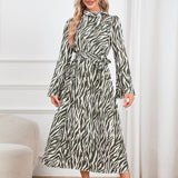 Women Date Dress Long Sleeve Dress Autumn and Winter Stand Collar Leopard Print Printed Dress Long Dress