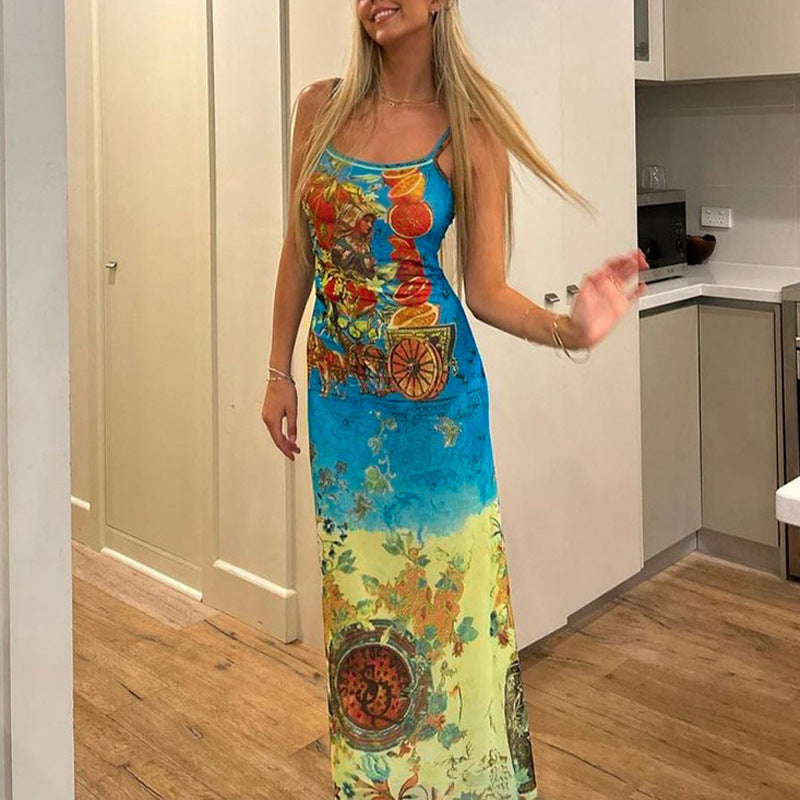 Women Dresse Vintage Printed Dress Long Dress U Collar off-the-Shoulder Backless Sling Hip Skirt