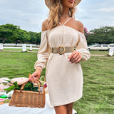 Women Dress Spring/Summer Loose Casual Short Skirt off-Shoulder Braces Long Sleeve Dress
