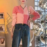 Women Knitted Cardigan for Spring and Autumn Retro Geometric Color Matching Knitted V-neck Single Breasted