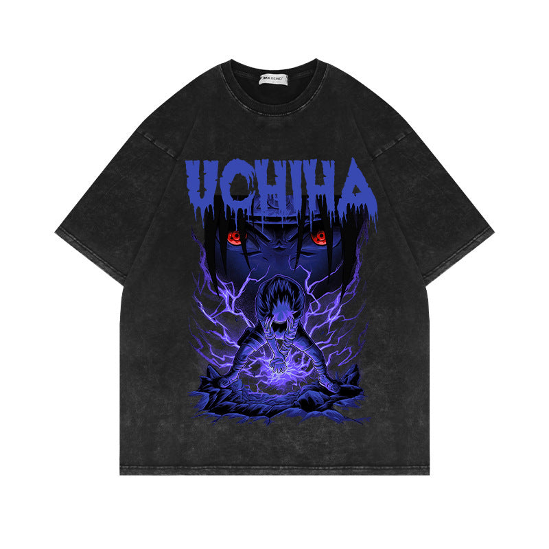 Washed and old short-sleeved T-shirt anime printing retro