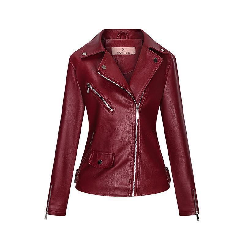 Red Leather Jacket Jacket Pu Lapel Two-Way Short Slim Fit Jacket Leather Coat Women