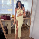 Women Dresse Long Skirt Hollow out Waist Back Slit Dress