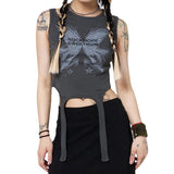 Women T-shirt Butterfly Print Slim-Fit Ribbon Thread Vest