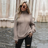 Women Knitted Sweater Autumn Long Sleeve Cable-Knit Turtleneck Sweater Loose
