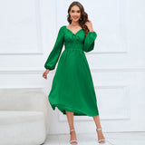 Women Date Dress Slim-Fit Long Sleeve V-neck Lace-up A- line Dress Lantern Sleeve Dress