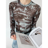 Women T Shirt Tie-Dyed Bottoming Shirt Slim-Fit Short Long Sleeve Mesh Sunscreen Top