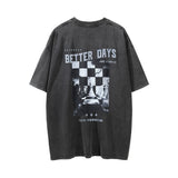 Men Vintage T-Shirt Chess Printed Distressed Washed Short Sleeve T-shirt