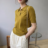 Women Knitted T-shirt Polo Short Sleeve Summer Lapels T-shirt