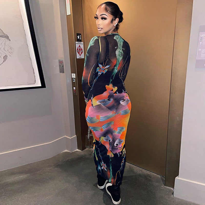 Women Dresses Autumn Printed Slim Fit round Neck Long Sleeves Long Dress