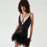 Women Dresses Sexy V-neck Strap Dress Feather Hip Skirt Dress Skirt (Zns0409)