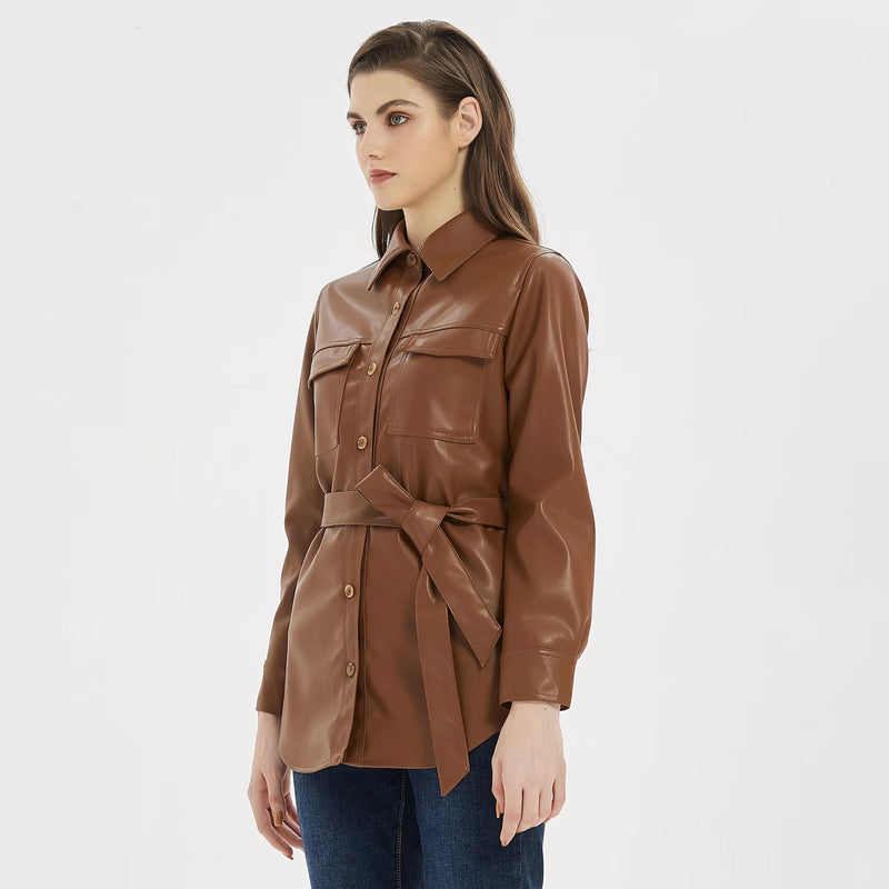 Women Leather Jacket Leather Jacket Coat Women's Fall Lapels Single-Breasted Mid-Length Pu Leather Belt Shirt