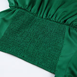 Women Dress Green Satin Waist Princess Dress Women Elegant Puff Sleeve Dress