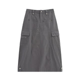 Women Long Skirt Multi-Pocket Skirt XINGX Rivet A- line Skirt