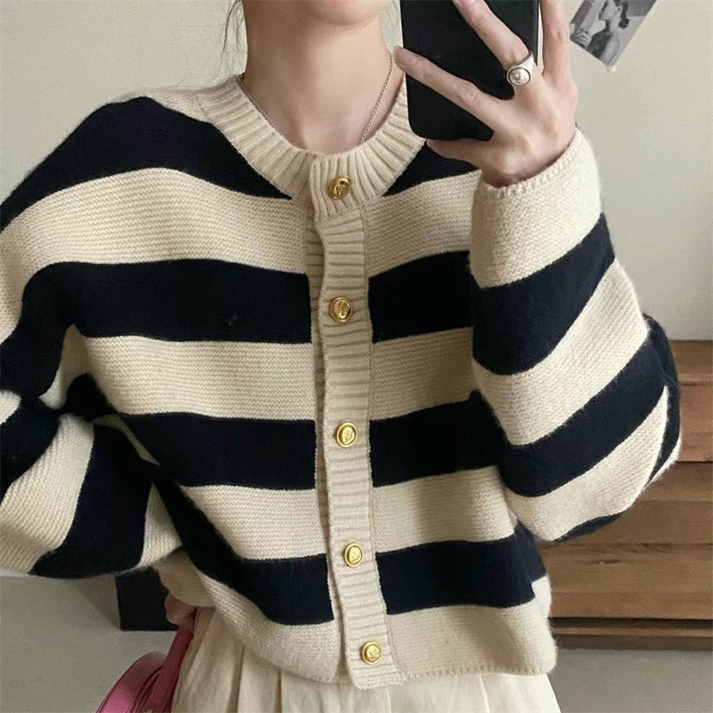 Women Knitwear Autumn and Winter Striped round Neck Sweater