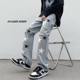 Men Jeans Five-Pointed Star Ripped Jeans Men's Spring Loose Straight Wide-Leg Pants
