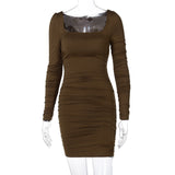 Women Dresses Spring Summer Slim-Fit Long Sleeve Pleated Solid Color Dress