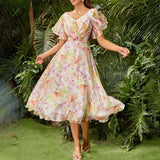 Women Dresses Spring V-neck Backless Floral Dress (Qymy0409)