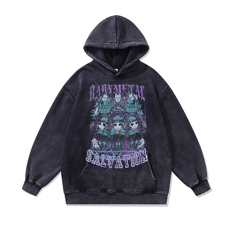 Men Hoodie Autumn and Winter Cartoon Printing plus Velvet Washed Loose Retro Couple Hooded Sweater Men and Women