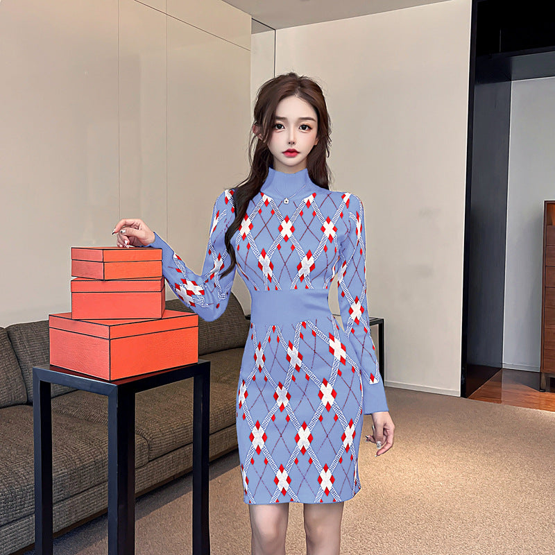 Women Maxi Dress Autumn and Winter Turtleneck Knitted Sweater Dress