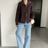 Women Cardigan Sweater Coat Long Sleeve Loose Zip Turn-down Collar Coat L1216