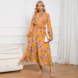 Women Date Dress Autumn Long Sleeve Lace Stand Collar Belt Long Dress