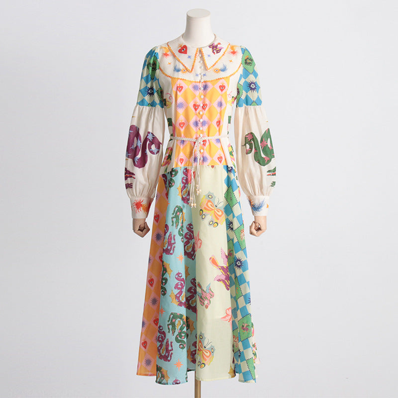 Women Dresses Spring Single Breasted Lapel Print Lantern Sleeve Dress (Qymy0409)