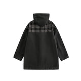 Unisex Jacket Retro Patchwork Plaid Coat Men's Horn Button Hooded Overcoat