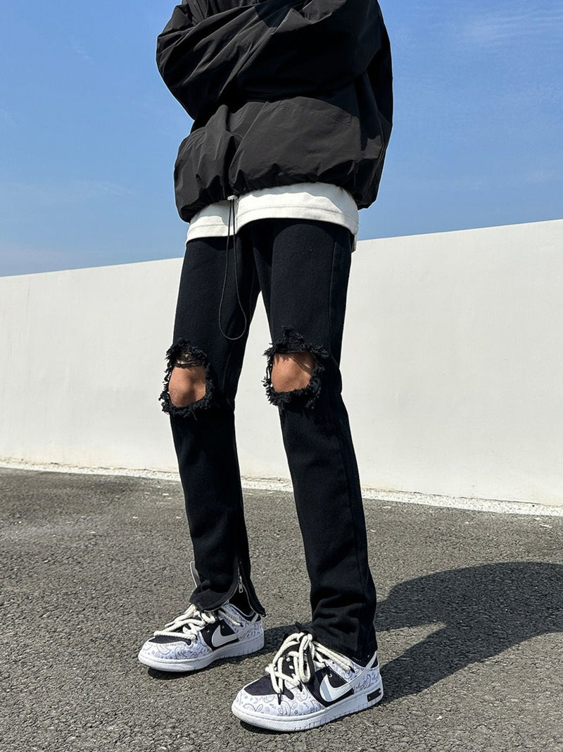 Men Jeans Black Ripped Zipper Jeans Summer Straight-Leg Trousers