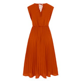 Women Date Dress Summer V-neck Pleated Sleeveless Waist Dress