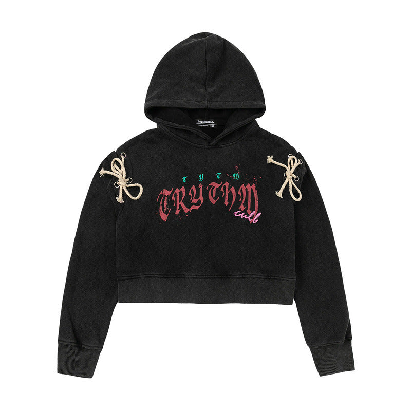 Women Hoodie Retro Short Letter Hooded Sweater